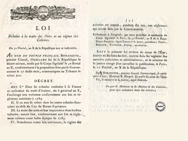 Document > Loi relative à la traite des Noirs et au régime des Colonies, 20 mai 1802/30 floréal an X