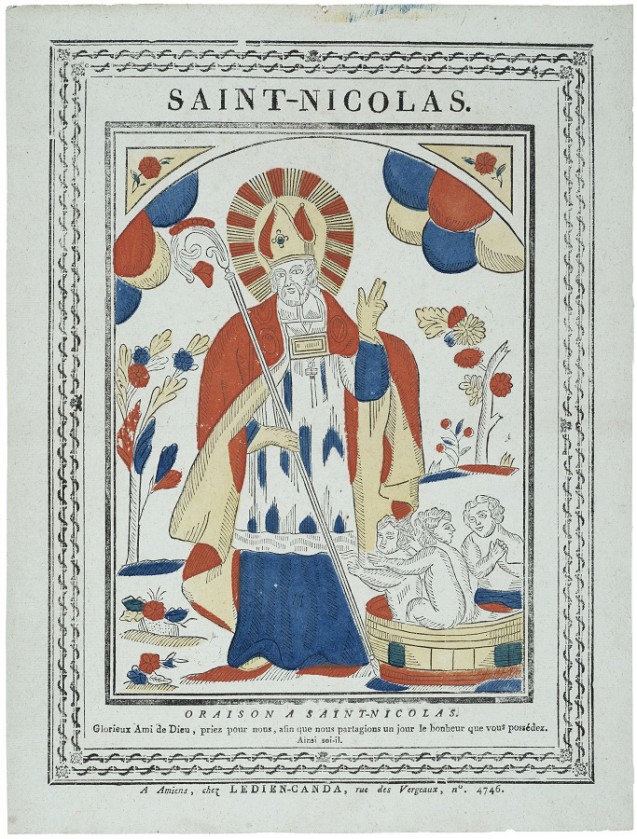 Saint Nicolas, Entre 1814-1829, Ledlen-Canda, Amiens, Gravure sur bols coloriée au pochoir 39.7 X 30.2 cm, Coll. Musée de !'Image, Épinal © Musée de !'Image -Ville d'Éplnal / cliché H. Rouyer 