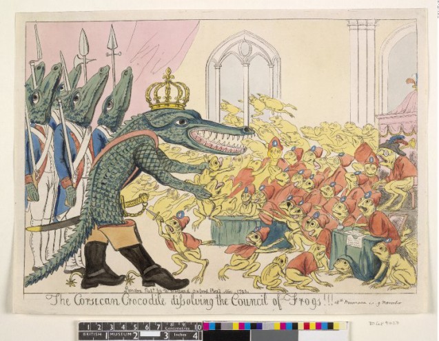 Caricature: The Corsican crocodile dissolving the council of frogs!!!