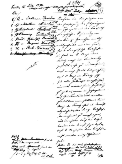  Expédition de la dépêche d'Ems, « corrigée » édité, sous le paraphe «vBu» © aktenkunde.hypotheses.org (PA AA, R 11674)