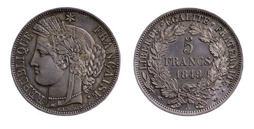 Pièce de 5 francs, 1849, dessinée par Eugène-André Oudiné© BnF Gallica (identifiant ark:/12148/btv1b77004036)