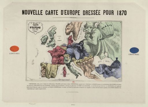 Nouvelle carte d'Europe dressée pour 1870 : carte drôlatique d'Europe pour 1870. : [estampe] / dressée par Hadol ; Marchandeau 305, rue S¦t¦ Denis - https://www.europeana.eu/portal/record/9200518/ark__12148_btv1b53028721h.html. Hadol, Paul (1835-1875). Graveur; Marchandeau (18..-18.. ; graveur). Auteur du texte. (fr) Bibliothèque nationale de France - http://gallica.bnf.fr/ark:/12148/btv1b53028721h. No Copyright - Other Known Legal Restrictions - http://rightsstatements.org/vocab/NoC-OKLR/1.0/