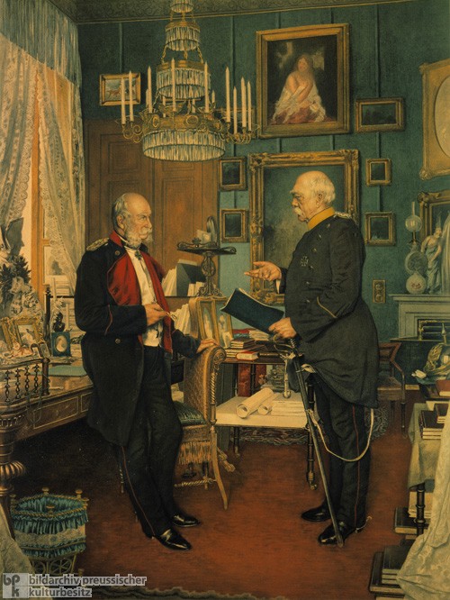 "Bismarck bei Kaiser Wilhelm I. im Königlichen Palais, Unter den Linden in Berlin", nach einem Aquarell von Konrad Siemenroth; Lithografie, 1887, 64,8 x 41,5 cm; Foto: Lutz Braun; © Bildarchiv Preußischer Kulturbesitz