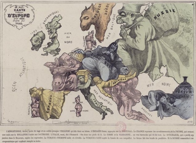Carte drôlatique d'Europe pour 1870, par Paul Hadol (détail) <br>© BnF Gallica (identifiant ark:/12148/btv1b84602576/f1)