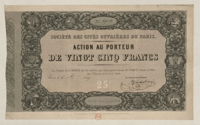 Société des cités ouvrières de Paris. Action au porteur de vingt-cinq francs, datée du 6 septembre 1849 <br>© BnF Gallica