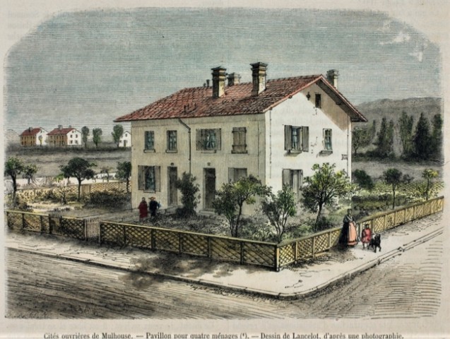 Groupe des maisons ouvrières de Mulhouse, <br>gravure de D. Lancelot d’après une photographie de M. Kohler-Dietz © Patrick Kamoun