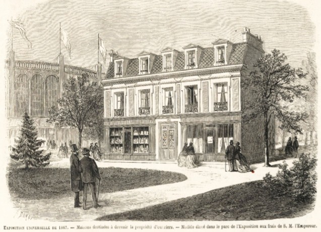 Exposition universelle de 1867 <br>Gravure A. Deroy, maisons destinées à devenir la propriété d'ouvriers – modèle élevé dans le parc de l'exposition aux frais de S.M. L'Empereur <br />© Patrick Kamoun