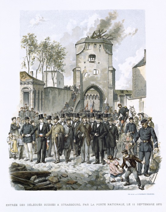 Entrée des délégués suisses à Strasbourg, par la porte nationale, le 11 septembre 1870 d'après Emile Schweitzer (1897) © Paris - Musée de l'Armée, Dist. RMN-Grand Palais - image musée de l'Armée