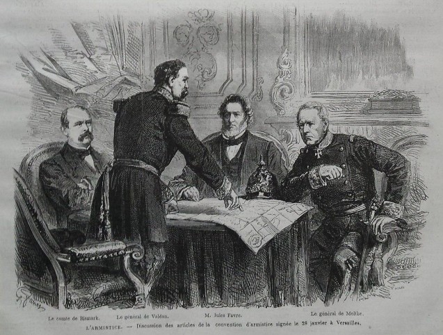 La signature de l'armistice, le 28 janvier 1871 Otto von Bismarck (de g. à d.), le général Valdan, Jules Favre et le général Molke,<br>Le Monde Illustré 722, 11 février 1871 © DR. Source : Le Républicain lorrain