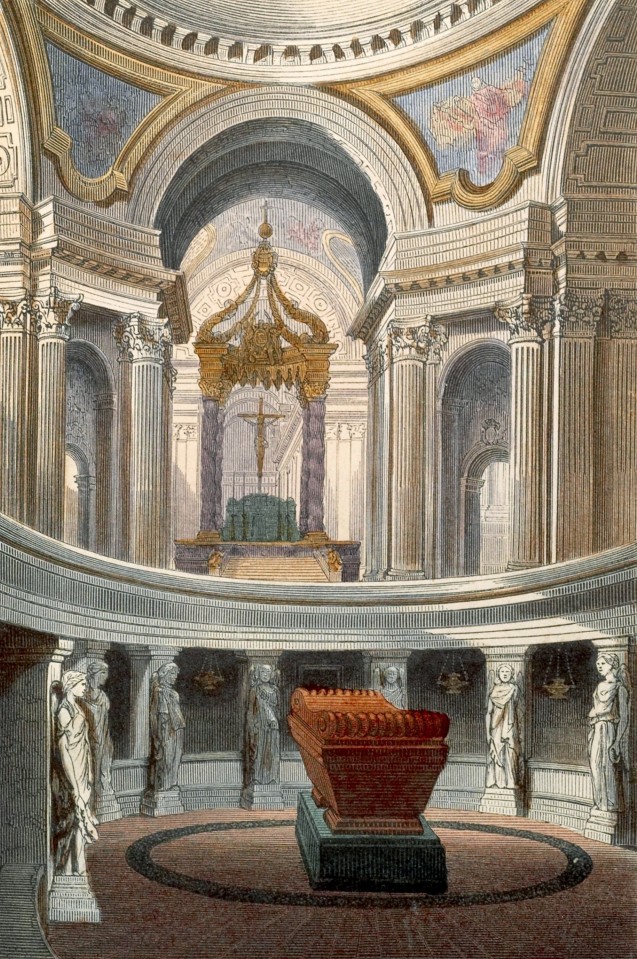 Arrivée du cercueil de Napoléon dans l'église des Invalides In : Visconti, <em>Tombeau de Napoléon érigé dans le dôme des Invalides</em>, Paris, L. Curmer éditeur, 1853 © Paris, Fondation Napoléon, bibliothèque Martial Lapeyre