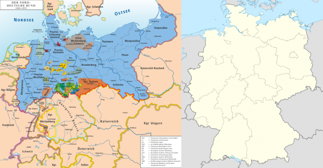 À gauche : La confédération d'Allemagne du Nord (en bleu clair) et les autres états allemands. À droite : la République fédérale d'Allemagne actuelle