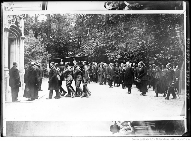 Funeral of Empress Eugenie, the coffin arriving at St Michael’s Abbey, followed by Prince Victor Napoleon and his wife