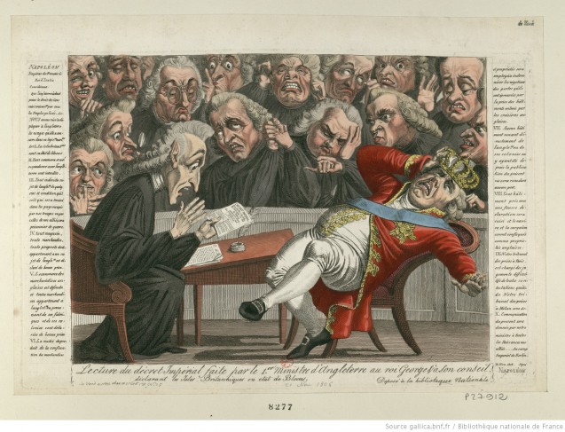 [Caricature] The Prime Minister of England [Lord Grenville] reading the Imperial decree to King George [and] his council, declaring the British Isles to be in a state of blockade.