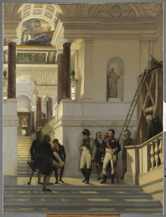 Napoléon Ier visitant l’escalier du Louvre sous la conduite des architectes Percier et Fontaine