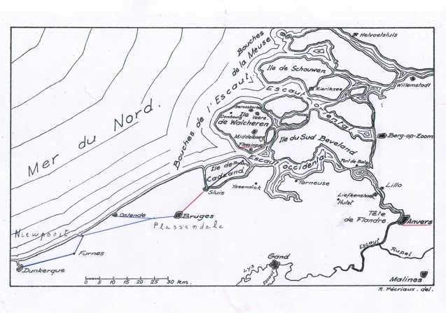 Le canal de Damme (la ligne rouge) faisait partie d’une ligne de défense qui était formée par le canal Ostende-Plassendale-Bruges et les fortifications en Zélande (Flessingue, Veere, Zierikzee) jusqu’à Hellevoetsluis. La connexion entre Sluis et Breskens n’a jamais été faite. Le canal devrait aussi admettre à la flottille impériale de naviguer de Dunkerkque à Breskens (en face de Flessingue) par l’intérieur du pays, ainsi que bloquer la voie d’Ostende à Anvers. © DR