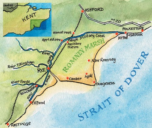 Comme le canal de Damme, le Royal Military Canal entre Hastings et Folkestone, aurait dû bloquer la voie d’une force d’invasion vers l’intérieur du pays. © DR