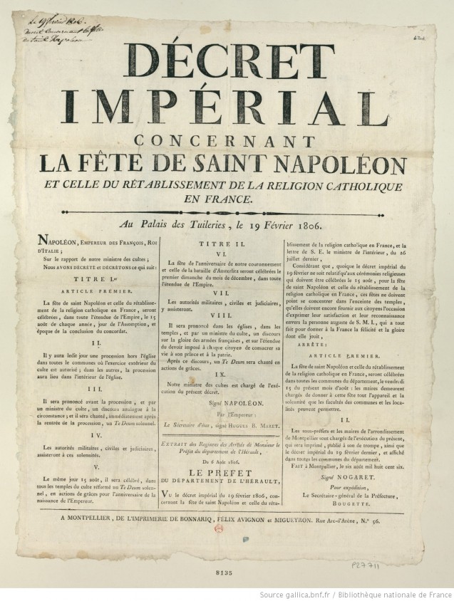 Imperial decree concerning the feast of Saint Napoleon and that of the re-establishment of the Catholic religion in France (19 February 1806)