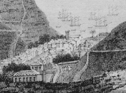 Trésors numériques de Sainte-Hélène : 1. Vue de la rade de Sainte-Hélène, prise de derrière James-Town