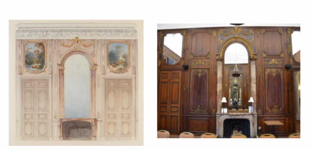 Aquarelle du Grand Salon du chateau de Bercy, aujourd'hui à Camden Place, (à gauche) et la salle à manger (à droite).<br>