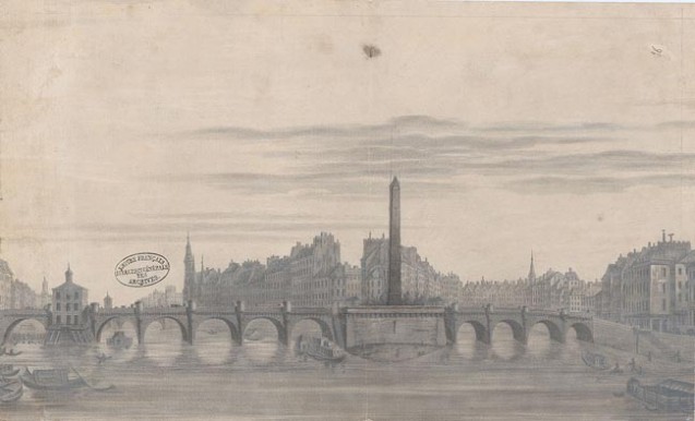 Projet d'obélisque à ériger sur le Pont-Neuf en mémoire de la campagne de Prusse, joint à un projet de décret daté du 15 août 1809 à Schönbrunn [en Autriche]. S. d. [1809]. Archives nationales, AF/IV/398. © Archives Nationales