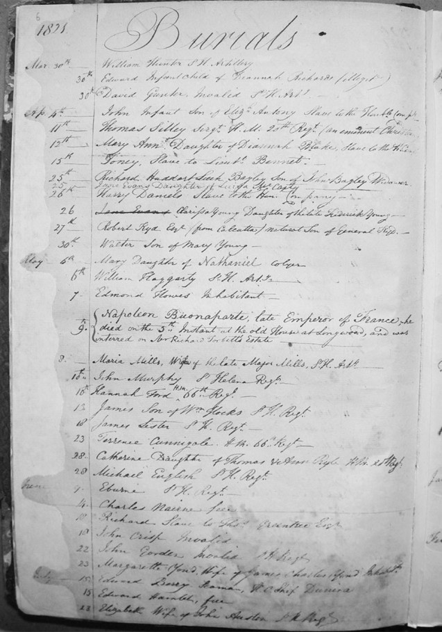 Page from burial register 1820-1831, St Helena, parish of St James, with the record of the Emperor’s inhumation