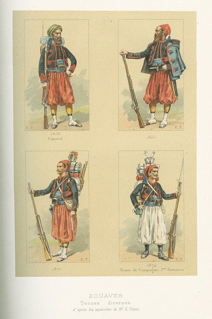 Uniformes de zouaves, en 1853, 1855, 1870, et 1874. Gravure couleurs d'après des aquarelles d'Eugène Titeux, dans "Le 1er Régiment de Zouaves. 1852-1895", par le Capitaine Godchot. Tome 2. Paris, Librairie centrale des beaux-arts, 1896 Paris, Fondation Napoléon, bibliothèque Martial Lapeyre