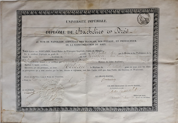 Diplôme de bachelier en droit de Pierre François Nelaton, 21 juillet 1809 © Fondation Napoléon