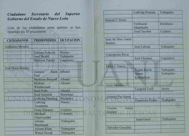 Liste de prisonniers français à Linares, dans l'état du Nuevo Leon au Mexique © Université autonome du Nuevo Leon