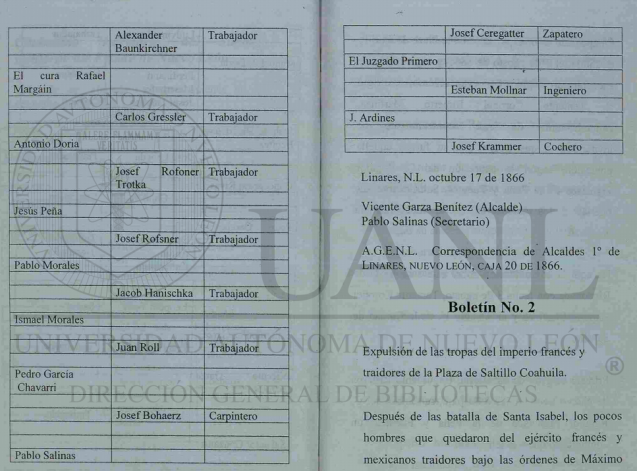 Liste de prisonniers français à Linares, dans l'état du Nuevo Leon au Mexique © Université autonome du Nuevo Leon
