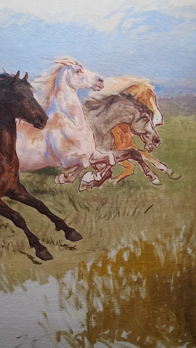 Détail du Chevaux en liberté ou Chevaux sauvages fuyant l'incendie visible dans le portrait de Rosa Bonheur par Anna Klumpke © Château de By /Musée Rosa Bonheur