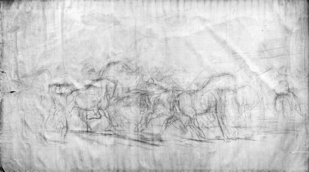 Esquisse abandonnée du Marché aux chevaux, fusain, pierre noire et craie blanche sur toile, 250 x 450 cm © Château Rosa Bonheur.