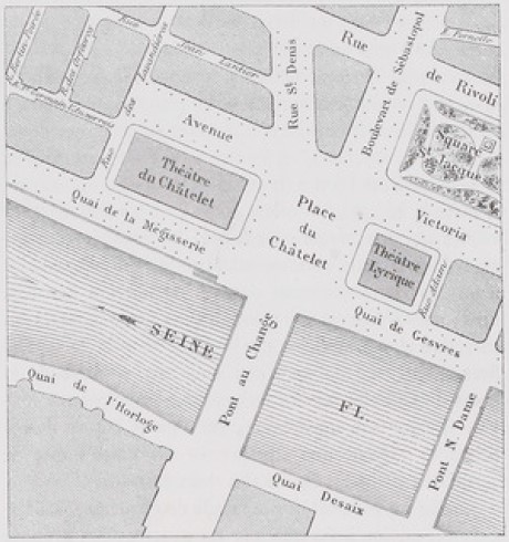 Plan de masse des deux théâtres de la place du Châtelet et de leurs abords, in Daly et Davioud, "Architecture contemporaine. Les Théâtres de la place du Châtelet : Théâtre du Châtelet ; Théâtre lyrique [...]", 1865, page 7 (BnF/Gallica ark:/12148/bpt6k1520347c)