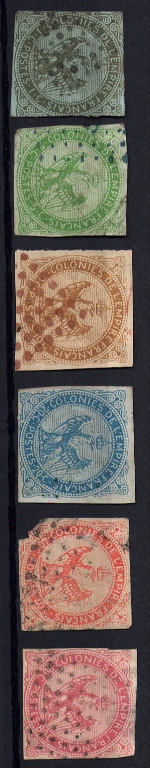 Les six timbres créés pour l’ensemble des colonies en 1858-1865 ; ils sont non dentelés, comme toutes les émissions d’avant 1862. Ces timbres ont été réimprimés en 1887 © J. Étèvenaux