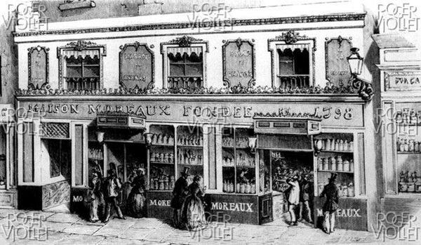 La Maison Moreaux (confiserie, liqueurs), place de l'Ecole, près du Pont-Neuf à Paris, au XIXème siècle. © Albert Harlingue / Roger-Viollet