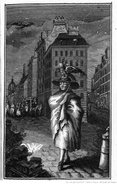 "Le Hibou spectateur marchant, la nuit, dans les rues de la capitale". Portait de Nicolas Restif de La Bretonne (1734-1806), écrivain français. Gravure tirée de l'édition originale des "Nuits de Paris ou le Spectateur nocturne", t. 1, Londres, 1788. Photo © Roger-Viollet